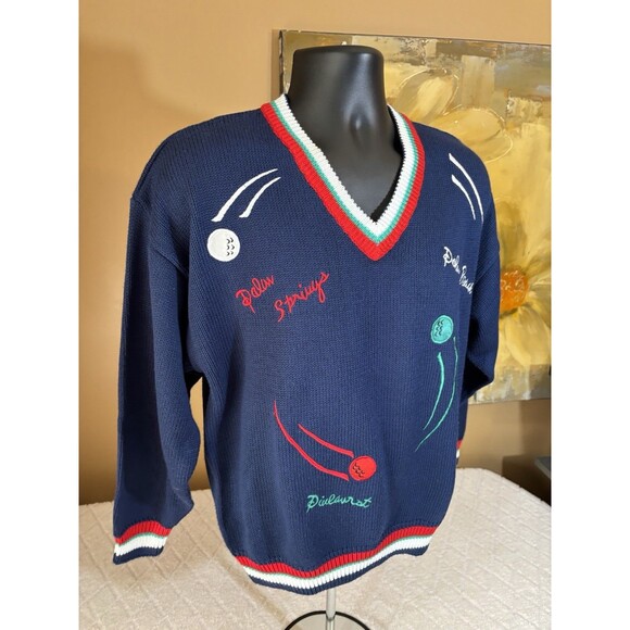 Vintage Quantum Sportswear Golf Themed Embroidered Striped Sweater Men’s Size L - Picture 9 of 16